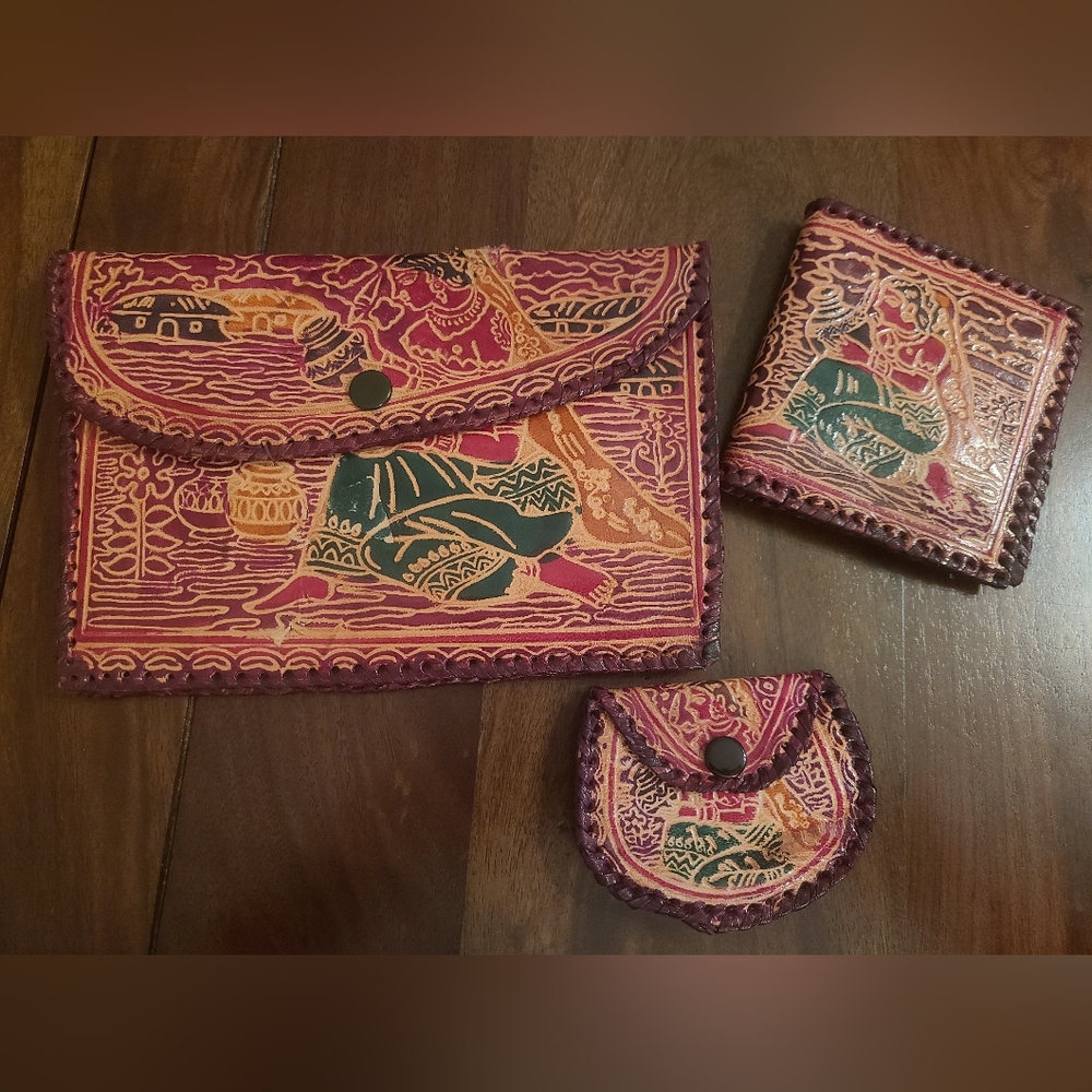 Vintage leather clutch, bifold wallet and coin purse bundle from India